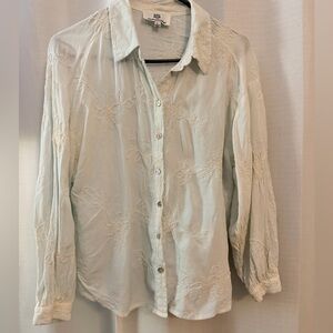 Womens Hester & Orchard Floral Embroidered Button-Up Linen Blend Shirt Large
